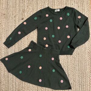 H&M Kids Knit Sweater + Skirt Set - Embroidered Pink and Green Polka Dots 5T/6